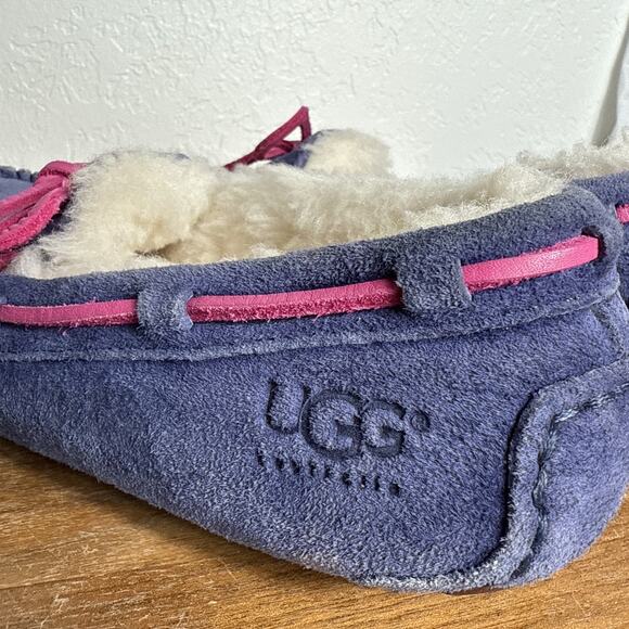 Ugg Dakota Slippers Size 5 Womens Blue Suede Pink Laces Wool Lining Rubber Soles - Picture 5 of 13